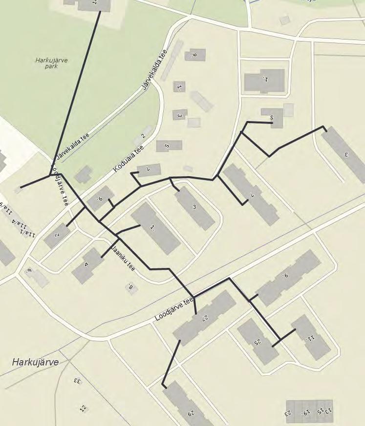 3.1.2 Kaugküttevõrk Kuna Harkujärve kaugküttevõrgu tehniline dokumentatsioon oli puudulik ja ei vastanud täielikult käesolevale olukorrale, siis korraldati võrgu kontrollmõõdistamine, mille