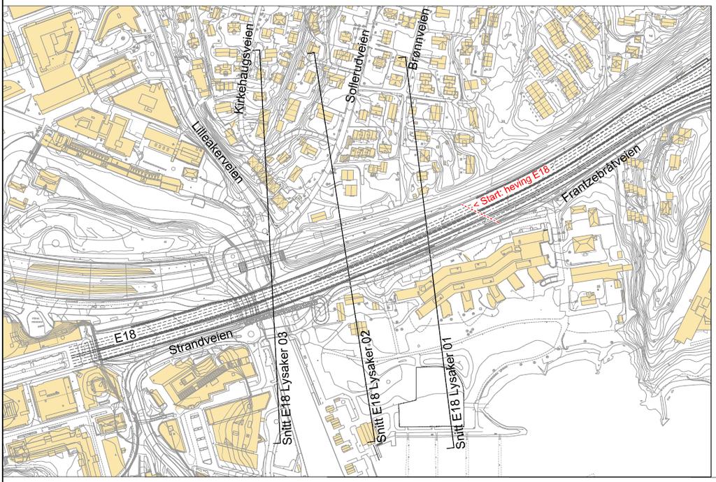 Figur 24: Plan som anviser hvor snittene er tegnet. Se figur 23-26. Snitt 01, 02 og 03 viser prinsippet for heving av E18 slik foreslått i planalternativet.