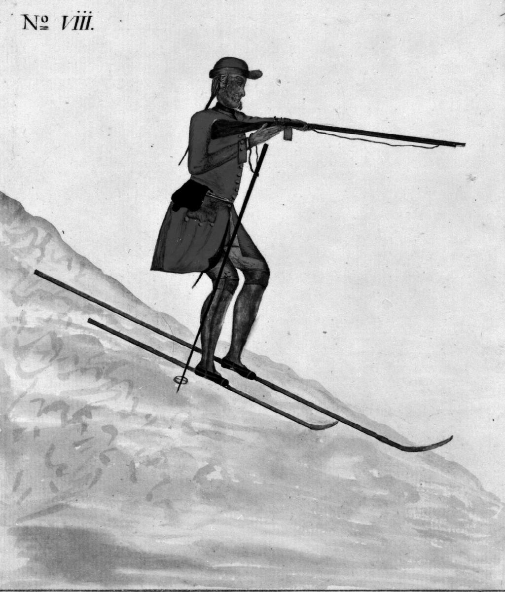 muligens tidlige utgaver eller forløpere til skjoldlua, som jeg ikke kjenner til har vært omtalt tidligere i denne sammenheng. Den ene er en plansje fra 1765 av skiløper som skyter under utforkjøring.