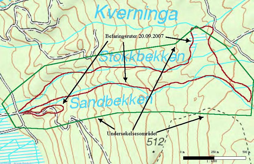 Figur 2.1 Kartutsnitt som viser undersøkelsesområdet rundt Sandbekken og Stokkbekken sørøst for Øvre Rendal i Rendalen kommune, avgrenset med grønn strek.