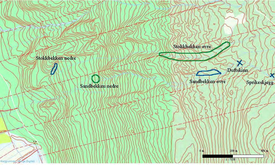 Figur 5.4 De fire registrerte naturtype- og MiS-lokalitetene som er påvist langs Sandbekken og Stokkbekken, samt to punktfunn av rødlistearter langs Sandbekken.