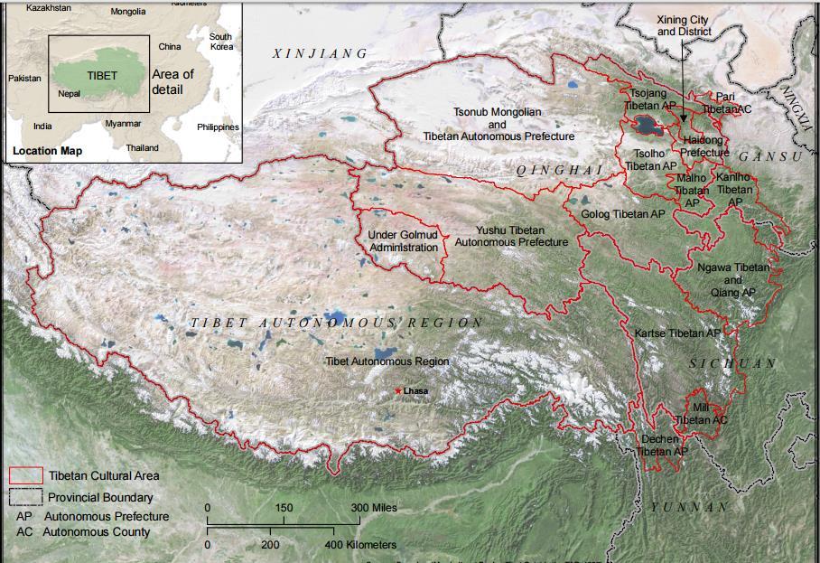 Kart 1: Området som i dag er TAR, og det som før har vore Tibet (International Campaign for Tibet, 2016) slik det var, og Dalai Lama skulle ikkje miste si rolle eller funksjon.