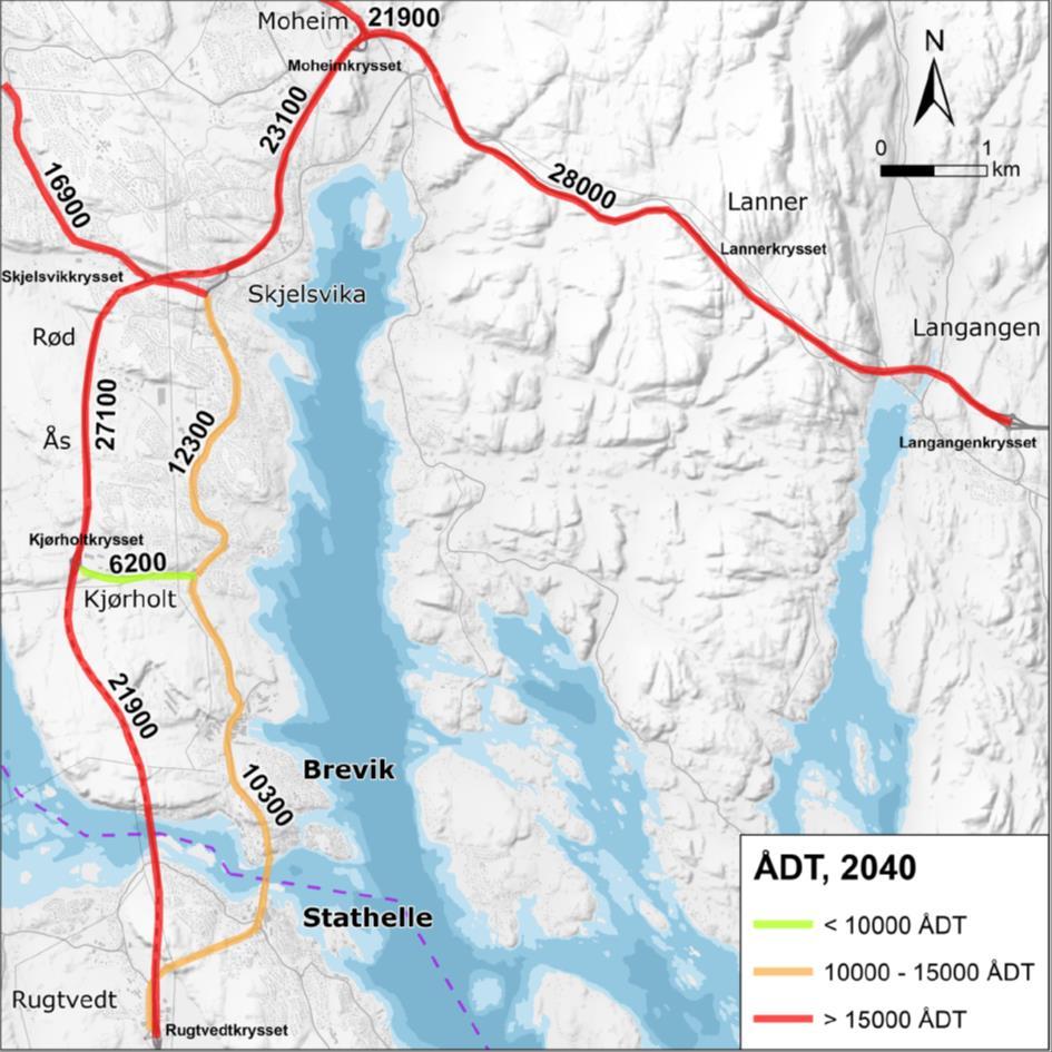 Figur 6-35 Beregnet ÅDT år 2040 for dagens