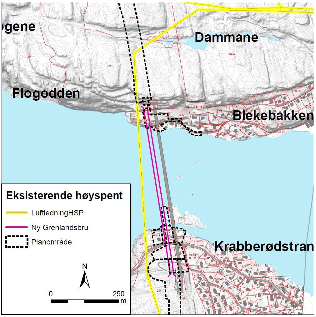 Figur 6-40 Eksisterende høyspentlinje kommer for nærme ny Grenlandsbru. 6.19 Samfunnssikkerhet Kilder: Rap-029 ROS-analyse Langangen Kjørholt, datert 16.02.2018.