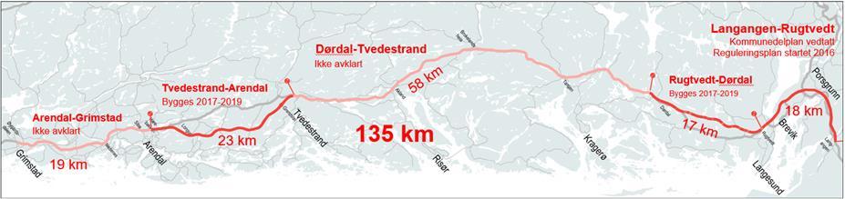 2.2 Hovedstrekningen Langangen - Grimstad Strekningen for denne reguleringsplanen inngår i lenken E18 Langangen Grimstad, som er en av de fire lengre traséene av stamveinettet i landet som Nye Veier