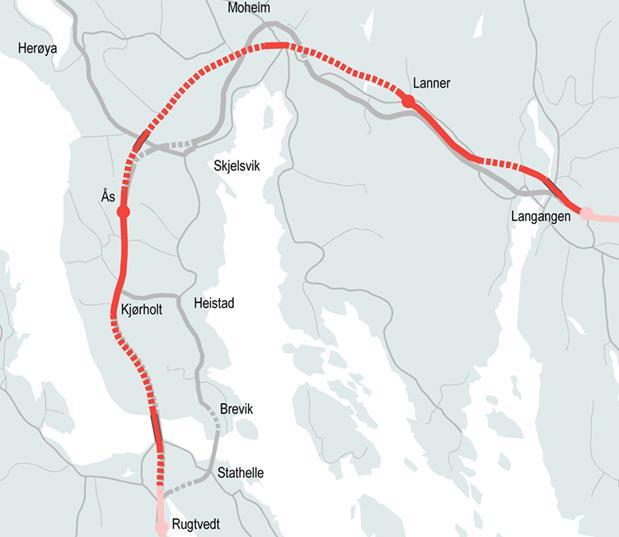 9,1 km i tunnel. Fra tilstøtende parsell i nord ble det ferdigstilt ny fire felts motorvei mellom Sky og Langangen i 2012. Den går fra Larvik kommune og inn i Porsgrunn kommune.