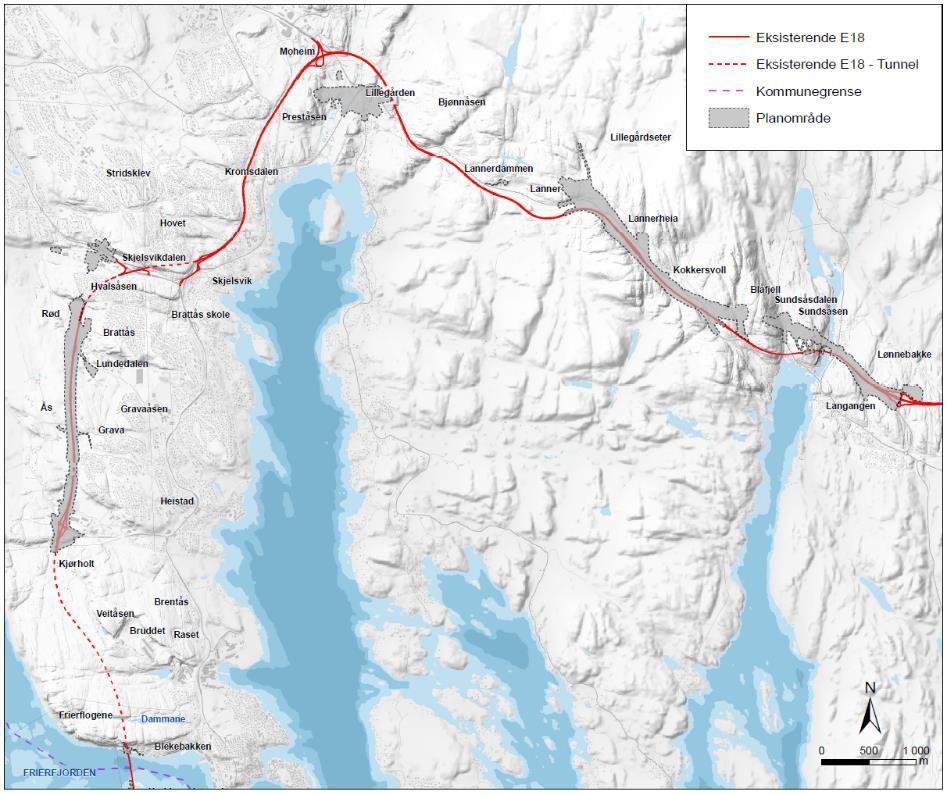 5. BESKRIVELSE AV PLANFORSLAGET Plannavn: E18 Langangen Rugtvedt Regulering Nord, Langangen Kjørholt, samt ny Grenlandsbru Plan ID: 0836 5.