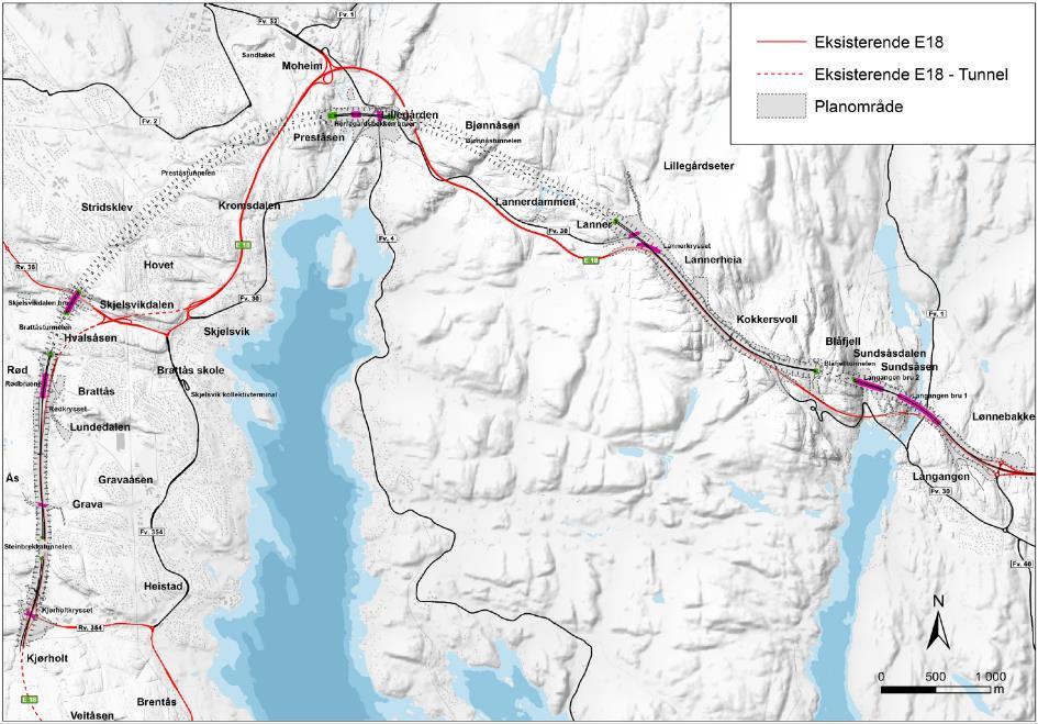 Planområdet omfatter deler av eksisterende kryss på Langangen, kryss med østvendte ramper på Lanner, kryss med sørvendte ramper på Rød og kryss med nordvendte ramper på Kjørholt.