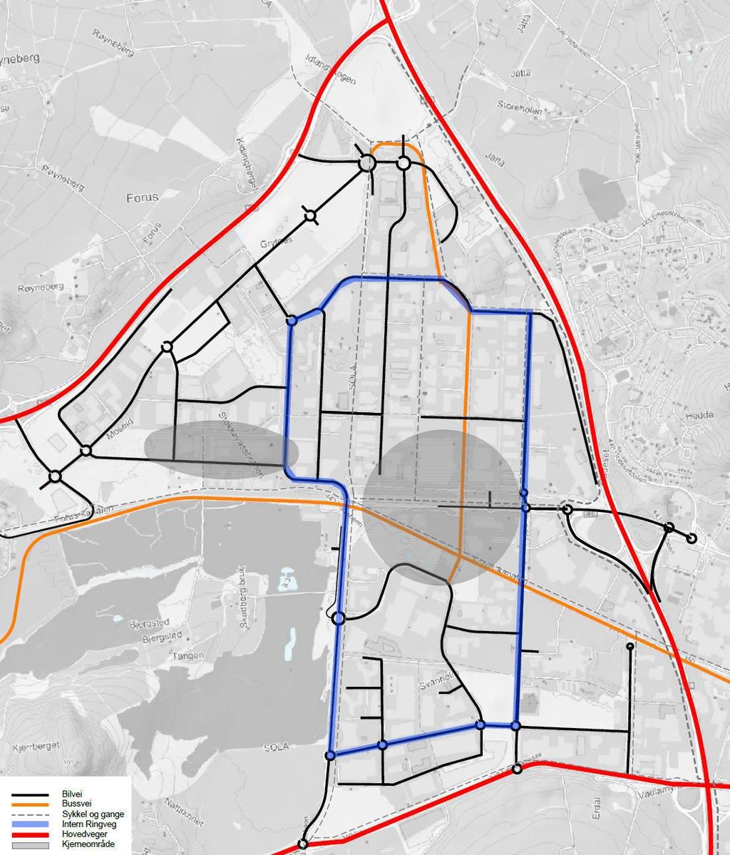 Figur 7 Illustrasjon av anbefalt alternativ, lagt til grunn på plankartet. Planen legger til rette for at stenging av Åsenveien og Forusbeen for biltrafikk kan skje i etapper.