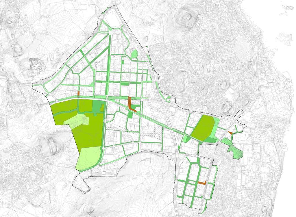 Å realisere et nytt regionalt grøntdrag i tradisjonell forstand gjennom hele planområdet anses ikke som mulig eller ønskelig gjennom Forus.