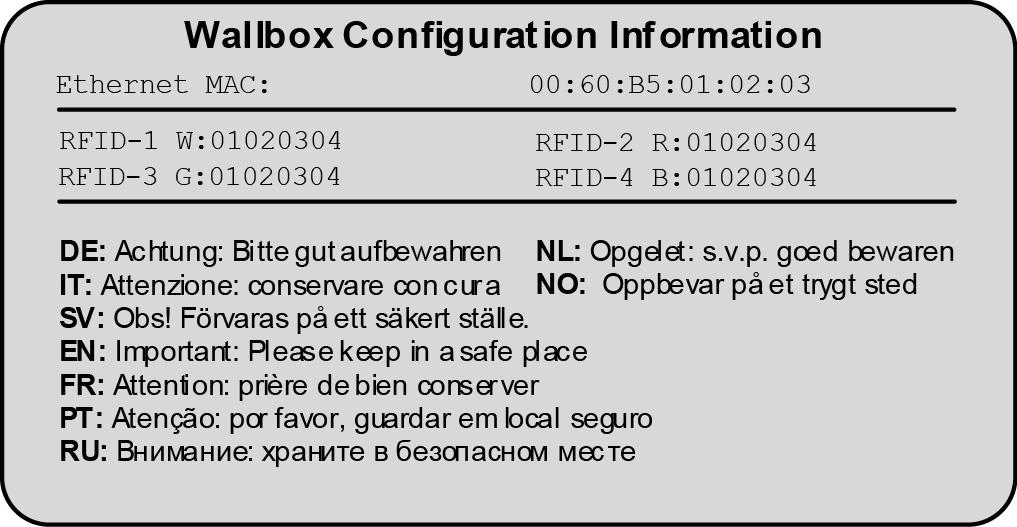 KONFIGURASJON Denne konfigurasjonsetiketten ligger i en pose sammen med RFID-kortene. Merk Oppbevar denne etiketten sikkert.