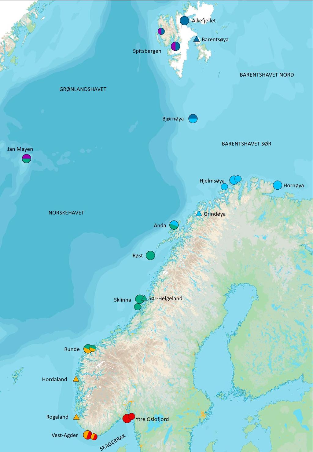 Nøkkellokalitetene i SEAPOP pr. 2017.