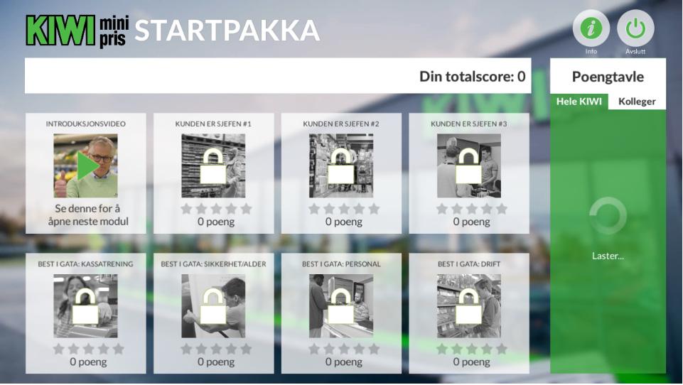 Du ser nå alle modulene i Startpakka 3D. Start med «Introduksjonsfilmen». Når denne er fullført vil neste modul åpnes. Hver modul låses opp ved at du får minst 3 stjerner på den foregående modulen.