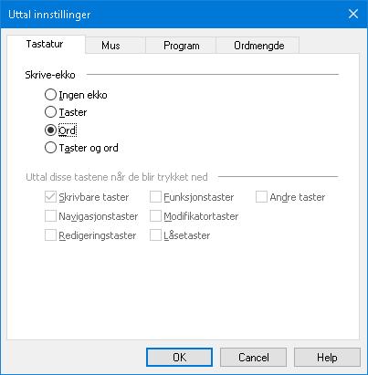 148 Tastatur-tab Innstillinger Tastaturekko Ingen ekko Taster Ord Taster og ord Beskrivelse Deaktiver all tastaturekko. Aktiverer tastaturekko med tastetrykk.