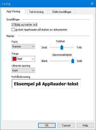 Kapitel 6 Lese funksjoener 167 AppView innstillinger Visningsappinnstillinger lar deg tilpasse utseende for utheving av ord i AppReader, inkludert form, farge og transparentlevel.