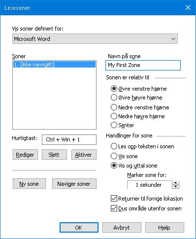 182 Dialogbokse Lesesoner vises. Instillinger Vis soner definert for Soner Hurtigtast Legg til Forklaring Viser en liste av aplikasjoner som kjører.