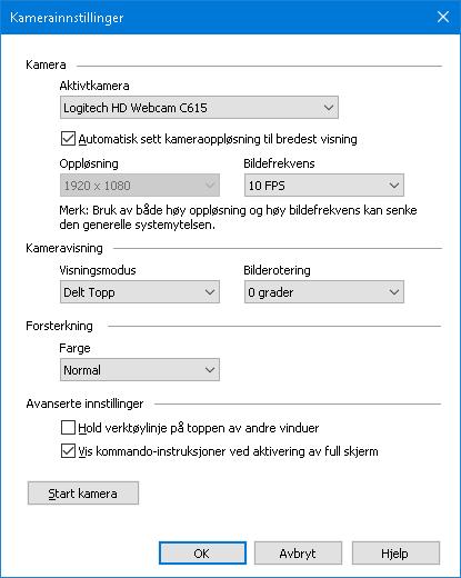 206 Dialogboksen ZoomTextkamera. Instillinger Kamera Aktivt kamera Sett automatisk kamera oppløsning Oppløsning Forklaring Viser navnet på kameret brukt under ZoomText og tilater deg å bruke et annet.