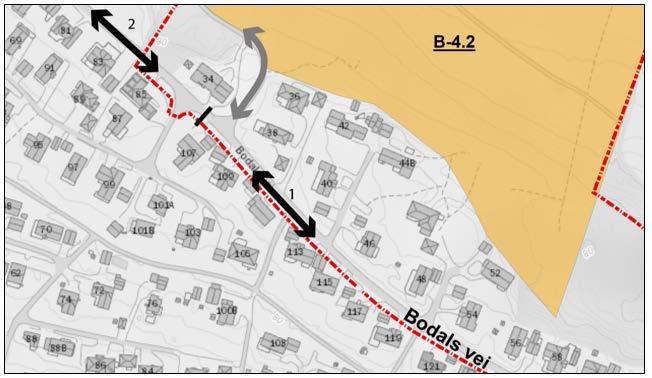 veiavdeling. Dette innebærer en stenging av Bodalsvei rett vest for dagens adkomst ned til Bodalstranda. Figur 37: Ny adkomst til Bodalstranda etter full utbygging. 6.