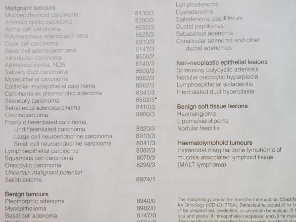 Maligne spyttkjerteltumores del 1 Patstat søk: T55xxx Mxxxx3 Ca 30 maligne spyttkjertelkarsinom pr år WHO 2017: Head and neck side 160 WHO 2017 histological classification of salivary gland