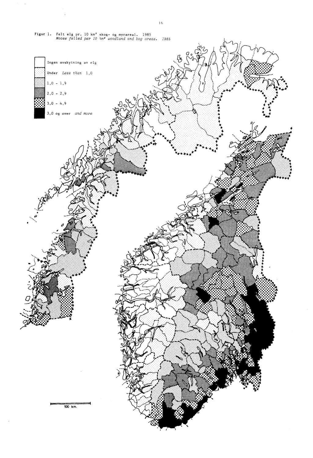 16 Figur 1. Felt elg pr. 10 km' skog- og myrareal. Moose felled per 10 km: woodland and bog areas. Ingen ayskytning av elg Under Less than 1,0-1,9,0-2,9,0-4,9,0 og over and more P.1 :.i.. A 4.