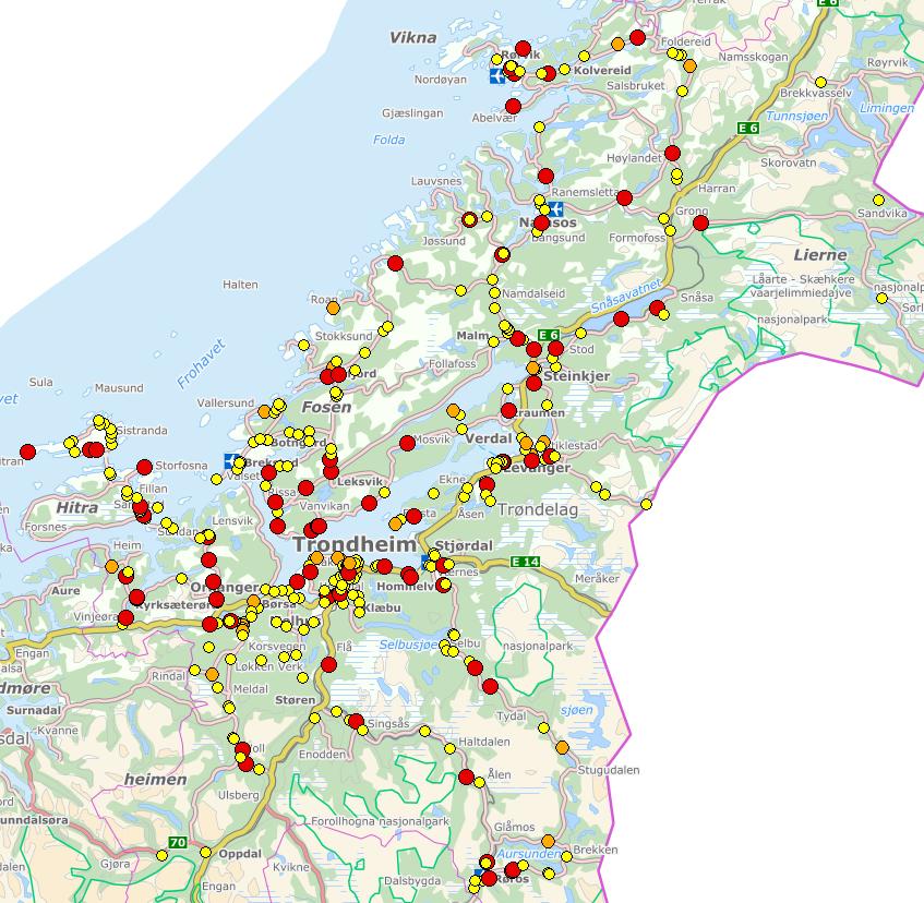 6.2 Hvor skjer ulykkene Kartet viser med rødt hvor det har skjedd en dødsulykke. Orange viser hvor ulykker med alvorlig hardt skadde har skjedd, og gult hvor trafikanter har blitt hardt skadd.