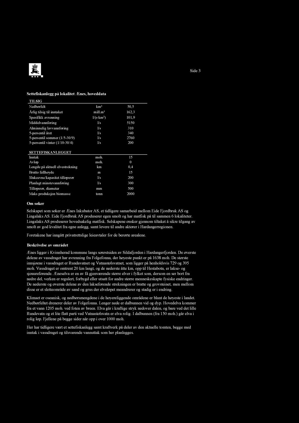 Side3 Settefiskanleggpå lokalitet Ænes,hoveddata TILSIG Nedbørfelt km 2 50,5 Årli g tilsig til inntaket mill.