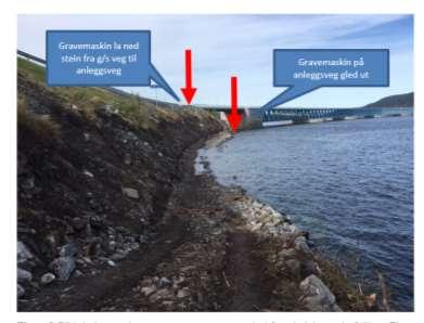 Gravemaskin i sjø september 2016 Det ble laget en anleggsveg langs sjøkanten som adkomstveg Det ble hentet stein fra g/s-veg ned til anleggsveg, som skulle