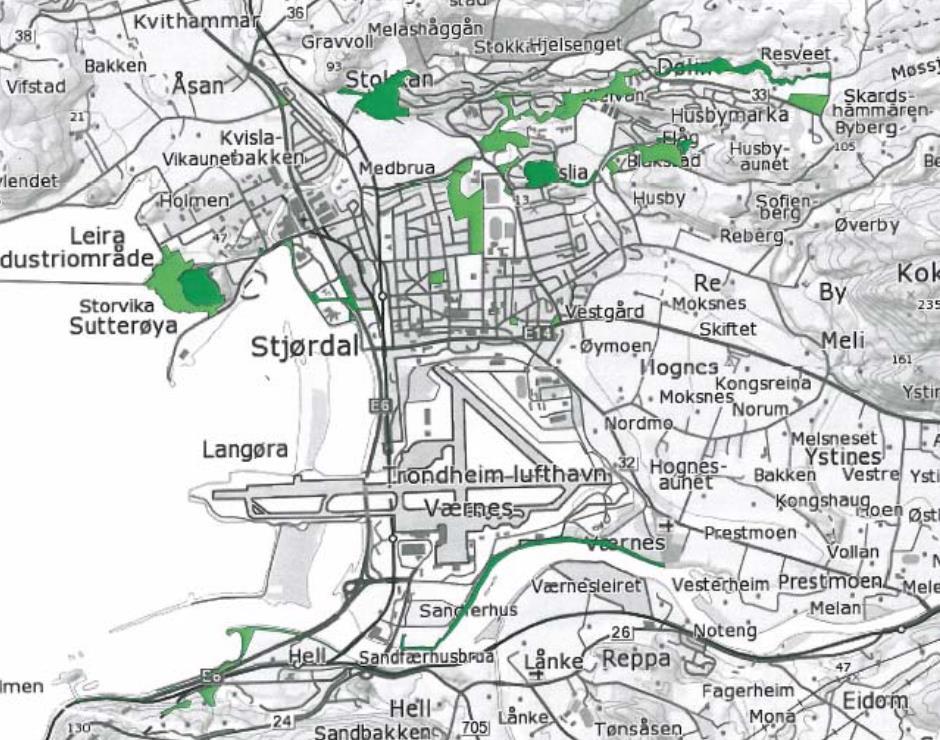 16 6.3 Grønne områder rundt Stjørdal Grønnstrukturen er veven av store og små grøntarealer i områder i tilknytning til Stjørdal sentrum og omfatter både natur og mer parkmessige grønne områder.