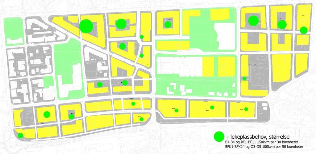 23 Figur: Krav til størrelse lekearealer, størrelse på grønn sirkel tilsvarer faktisk arealbehov for lekeplass.
