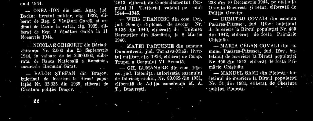 135 din 1940, eliberata de Uniunea Barourilor din România, la 8 Martie 1940. - MATEI PARTENIE din comuna DumbrAveni, jud. Thrnava-MicA: Byretul militar. etg. 1936, eliberat de Comp.
