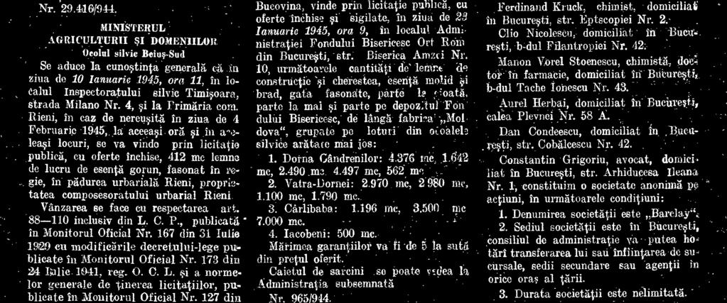 din Bucovina de Snd Licitatia tinutil la 21 Decemvrie 1944, In baza publicatiunii Nr. 622 din 1944. pentru vanzarea cantitatii do circa 170.