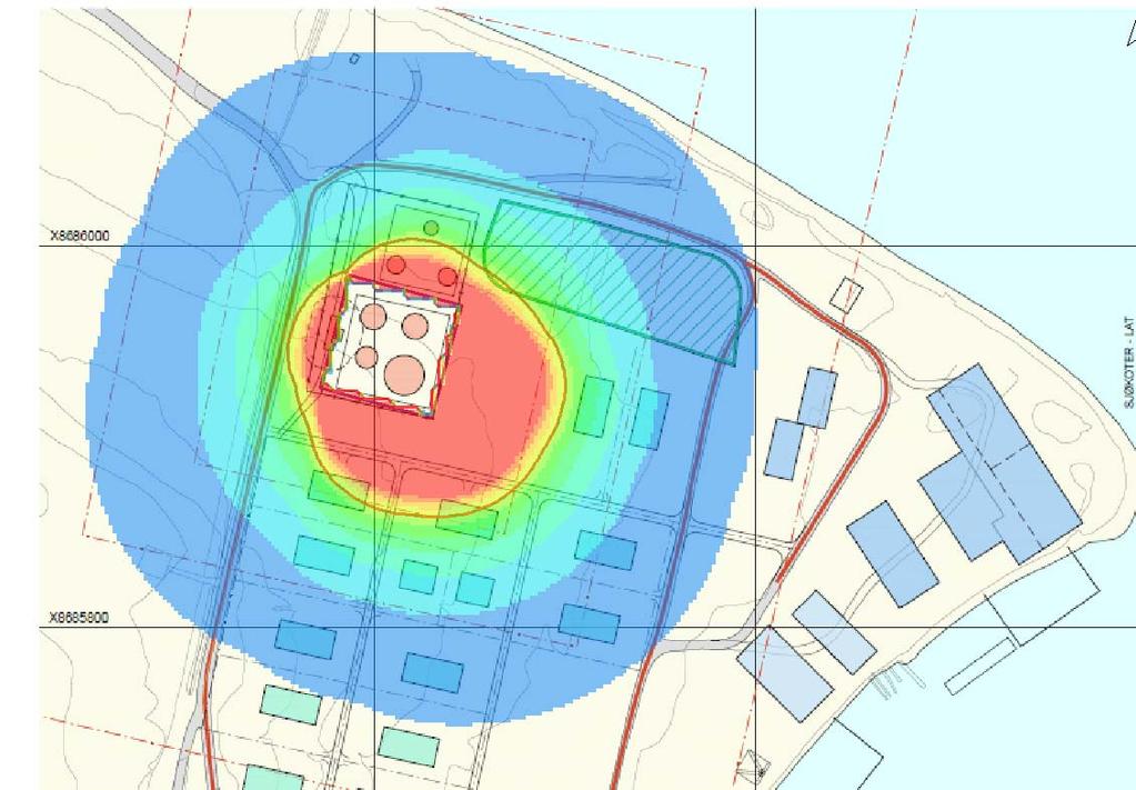 Figur 4-6: 61,2 m x 61,2 m pølbrann (FYR 1) med 8 m/s vind fra NV, utstrekning for ståling og 1 % dødelighetskontur.