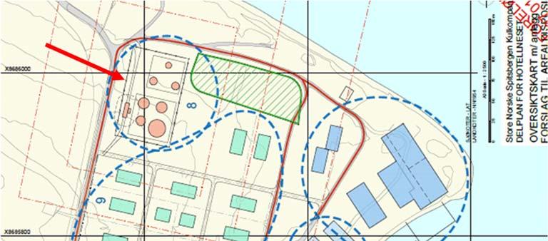 Figur 2-2: Antatt plassering av tankanlegg (pil) relativt til resten av planområdet.