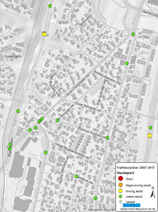 Reguleringsplan -13 2.6 Trafikksikkerhet De siste 10 årene har det vært ni ulykker langs Sivert Thonstads vei. To av disse er i krysset med Bjørndalen og seks i krysset med Industriveien.