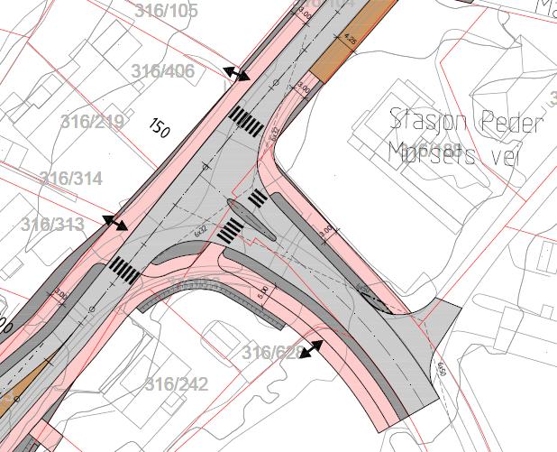 Reguleringsplan -21 3.4 Kryss Sivert Thonstads vei/industriveien Planforslag basert på vedtak om å rette opp krysset Sivert Thonstads vei/industriveien, er vist i Figur 16.