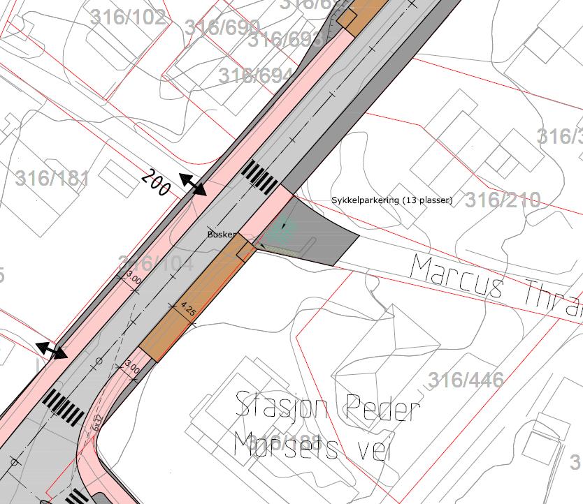 Reguleringsplan -22 3.5 Marcus Thranes vei Forprosjektet konkluderte med å stenge Marcus Thanes vei for å få plass til stasjon, og de trafikale konsekvensene for trafikk i sidegatene var svært små.