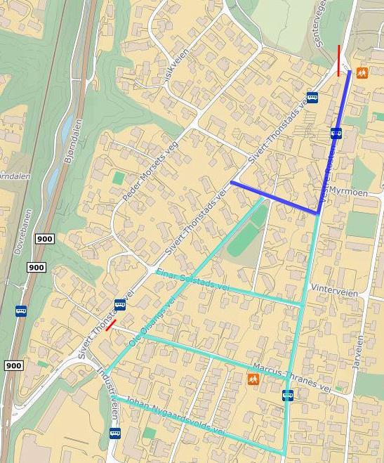 Reguleringsplan -25 Figur 20: Alternative ruter ved stenging Sivert Thonstads vei blir forkjørsveg. Det innebærer at alle sidevegene blir vikepliktsregulerte.