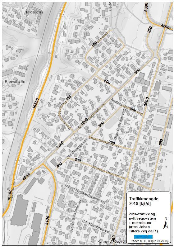 Reguleringsplan -26 Figur 21: Beregnet og anslått ÅDT 2019 Figuren viser en redusert trafikkmengde i Sivert Thonstads vei i nord og noe økning i trafikkmengde i sør, samt en økning av trafikkmengder