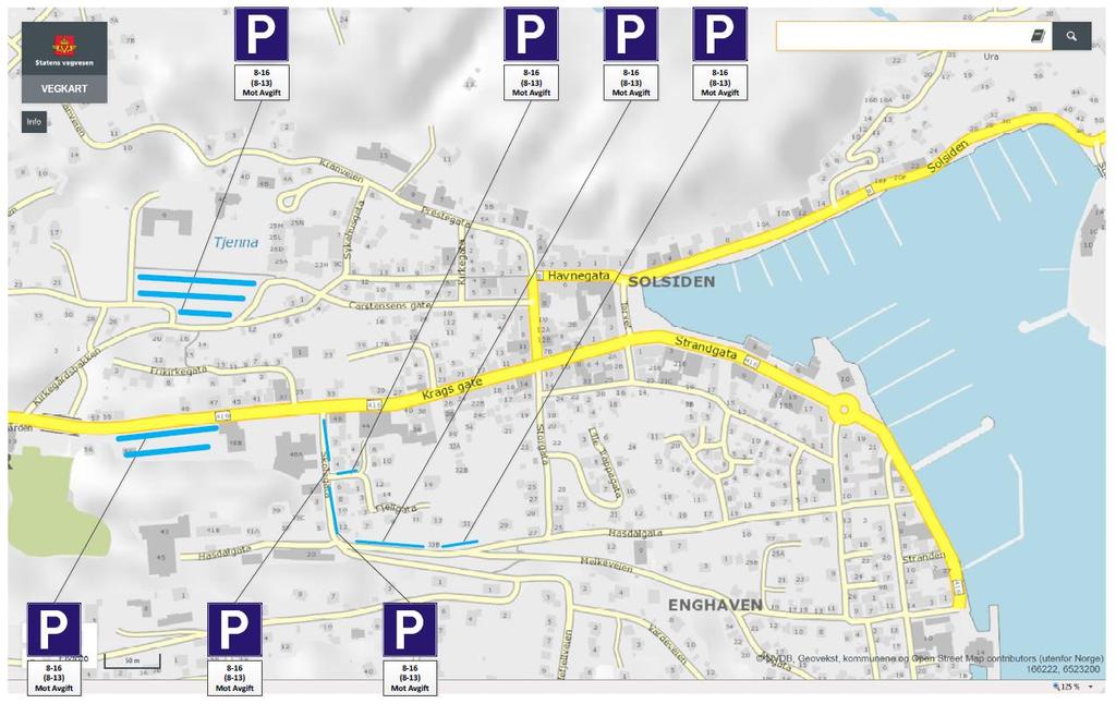 Her er belegget svært lavt, noe som antyder at betalingsvilligheten ikke er tilstrekkelig for denne plassen. 7.2.1 Ytre sone Illustrasjonen viser plassene i «ytre sone», til sammen 216 plasser.