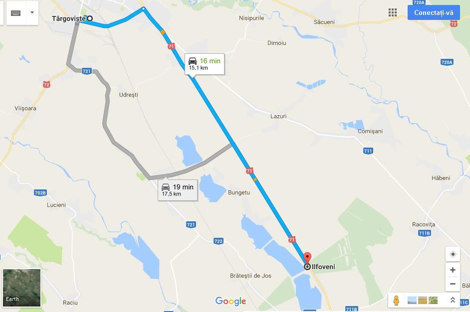 Figură 59. Rute rutiere din Municipiul Târgoviște către aerodromul din Ilfoveni Sursă: Google Maps; 1.10.