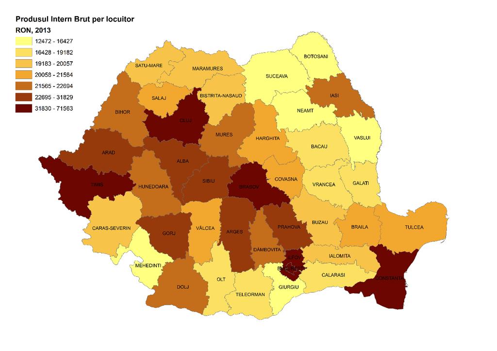 Figură 72. Produsul Intern Brut per locuitor în 2013 (RON) Sursă: Prelucrarea grafică a autorilor pe baza datelor INS; 1.12.