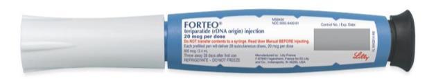 Forsteo Dosering 20 mcg sc. daglig, ferdigfylt penn med 28 doser (kr.