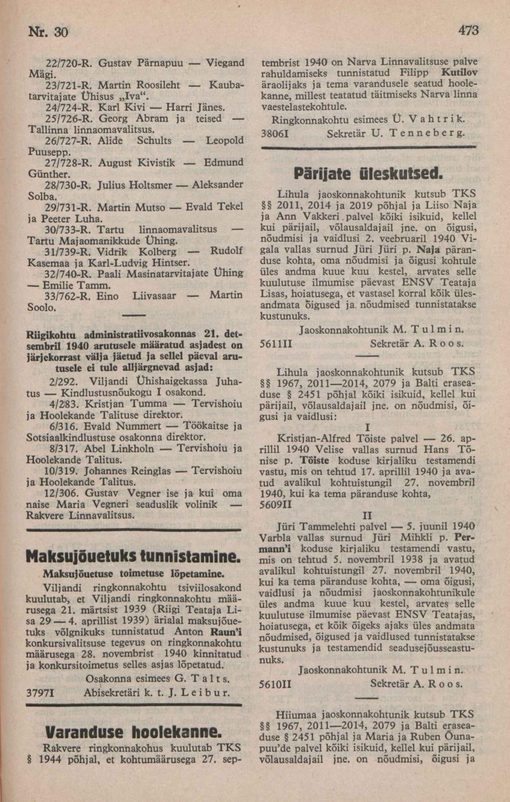 22/720-R. Gustav Pärnapuu Viegand Mägi. 23/721-R. Martin Roosileht Kauba^ tarvitajate Ühisus Iva. 24/724-R. Karl Kivi Harri Jänes. 25/726-R. Georg Abram ja teised Tallinna linnaomavalitsus. 26/727-R.