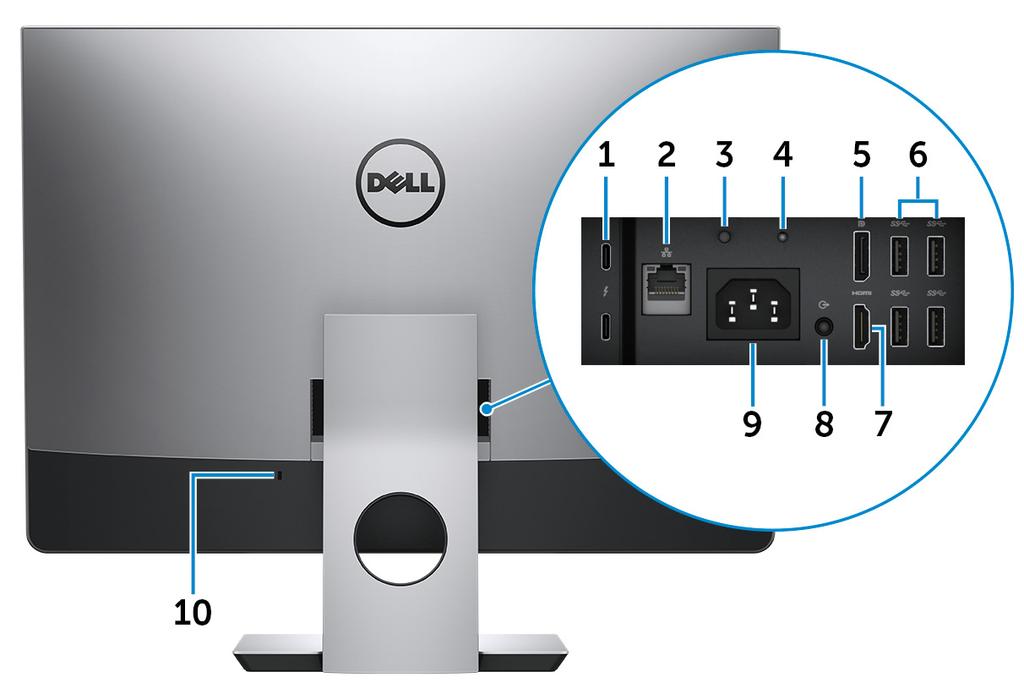 Baksiden 1 Thunderbolt 3-porter (USB Type-C) (2) Støtter USB 3.1 Gen 2, DisplayPort 1.2, Thunderbolt 3 og gir deg også mulighet til å koble til en ekstern skjerm ved hjelp av en skjermadapter.