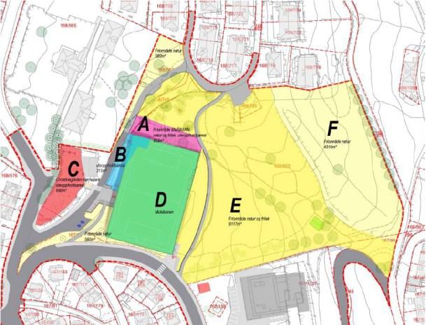 770 m2 (tilsvarer nedre grense på 40 % av normkrav), sum av felt A og B på illustrasjon.