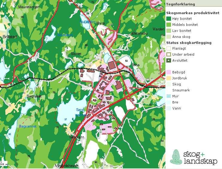 med høy og middels bonitet. Områder med høy bonitet domineres av løvskog.