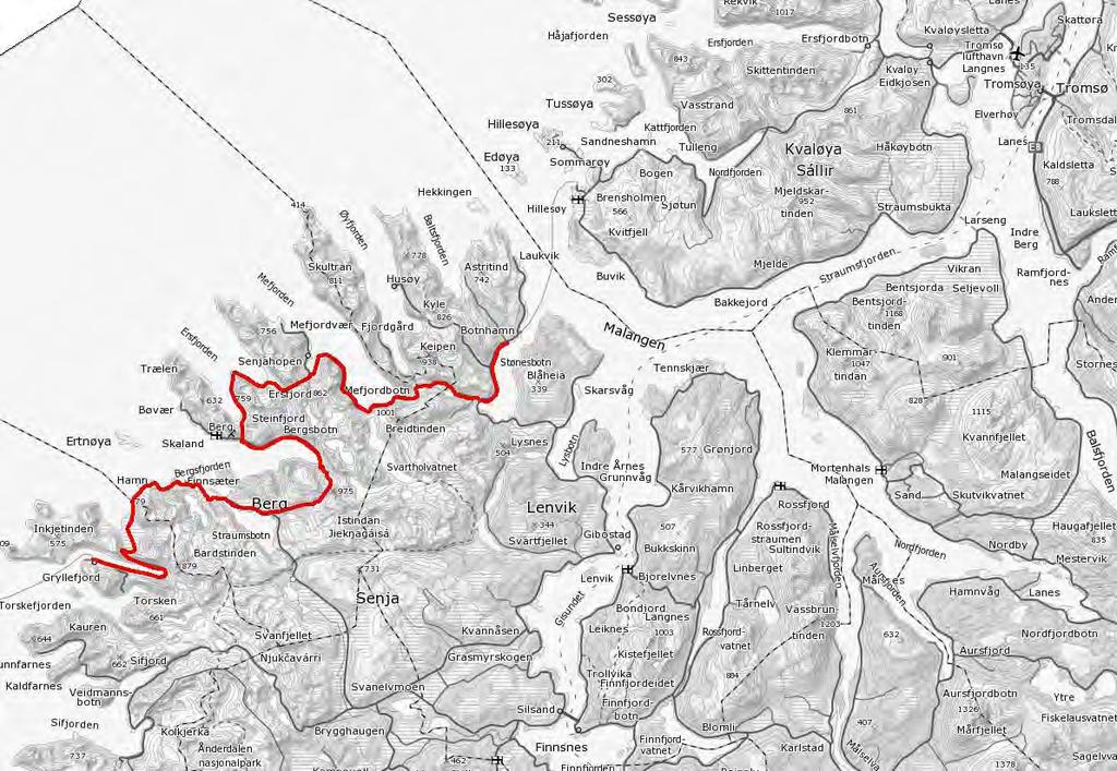 Figur 6.2 Nasjonal sykkelrute gjennom utredningsområdet Strekningen Gryllefjord Botnhamn inngår i nasjonal sykkelrute. Sykkelruten følger ordinær veg.