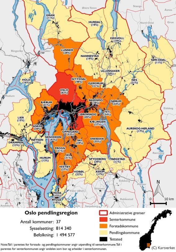 Oslo pendlingsregion (2016) Oslo pendlingsregion omfatter kommuner i Østfold, Akershus, Hedmark, Oppland og Buskerud.