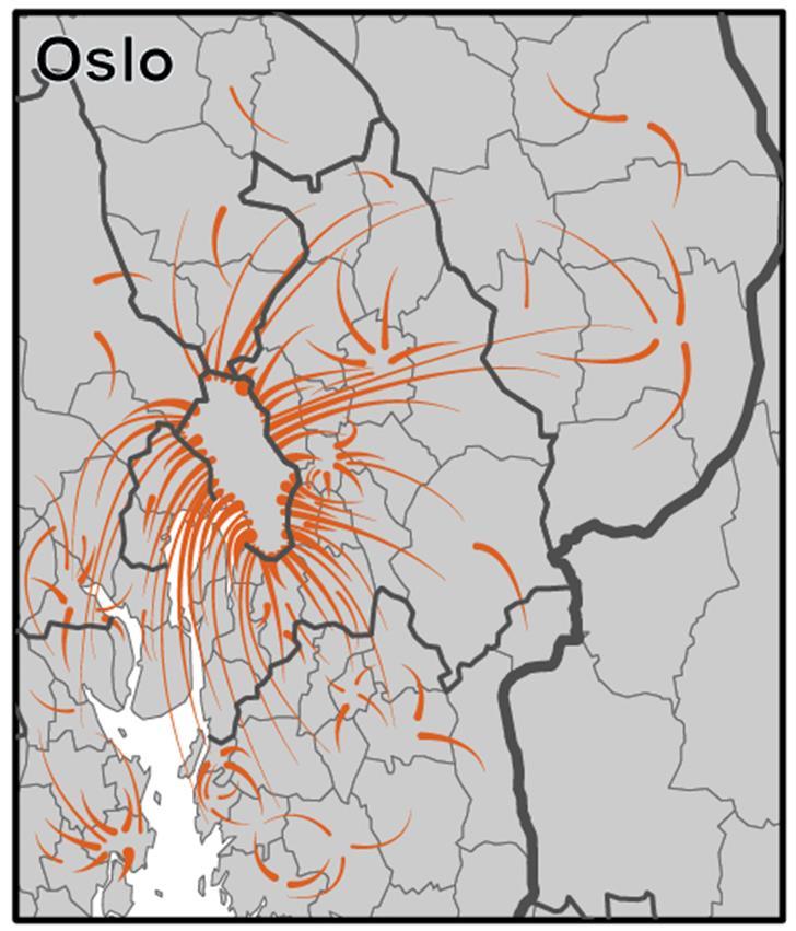 Litt mer raffinert pendlingsoversikt for Viken (2013) Kartet angir pendlingstrømmer > 6% av all sysselsatte i hjemkommunen over kommunegrensene.