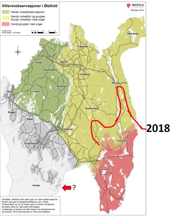 Figur 5.1 Utbredelse av villsvin i Østfold i dag. I tillegg finnes det villsvin i Akershus og Hedmark i ikke anslått omfang. Kartet er fra 2015, og den røde linjen angir anslått utbredelse i 2018.